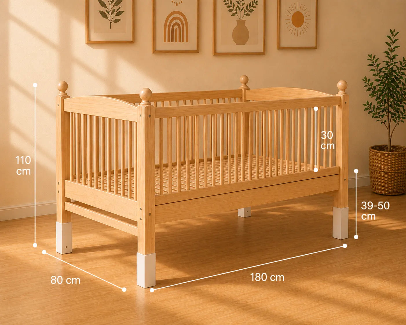A light natural wood crib or toddler bed with white protective leg caps, shown in a warm-toned nursery setting with overlaid dimension lines and measurements.