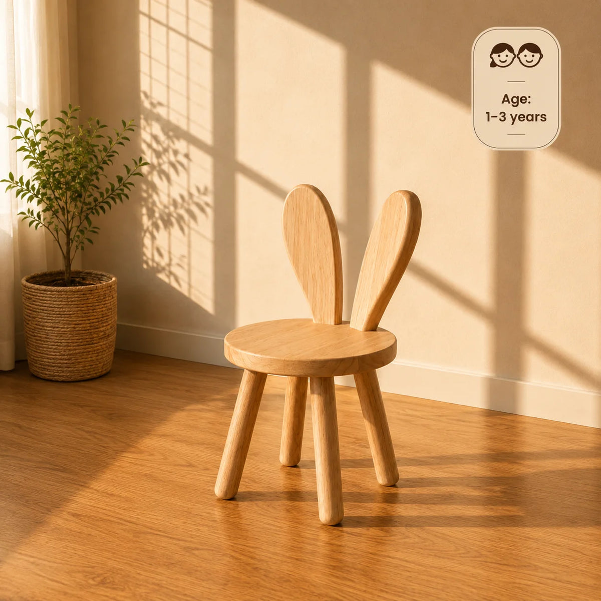 A light natural wood storage cubby shelf with slanted bins on top, shown against a warm beige wall with sunlight shadows and a wood floor.
