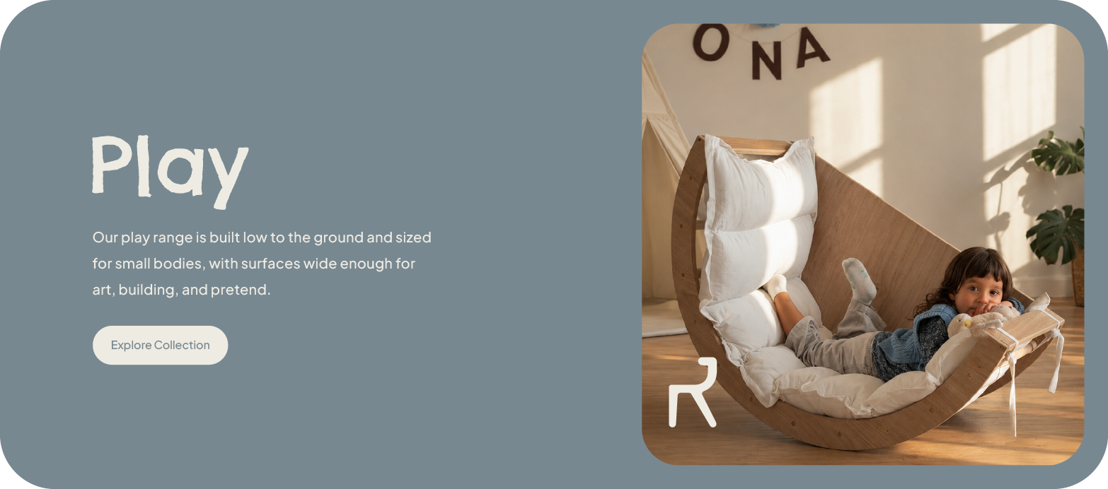 A promotional banner for a play lounge chair. The left side has a slate blue background with the word 'Play' in white and descriptive text.