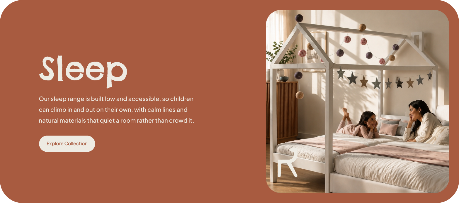 Promotional banner for a children's bed frame. The left side has a rust-brown background with the word 'Sleep' in white and a short descriptive paragraph.