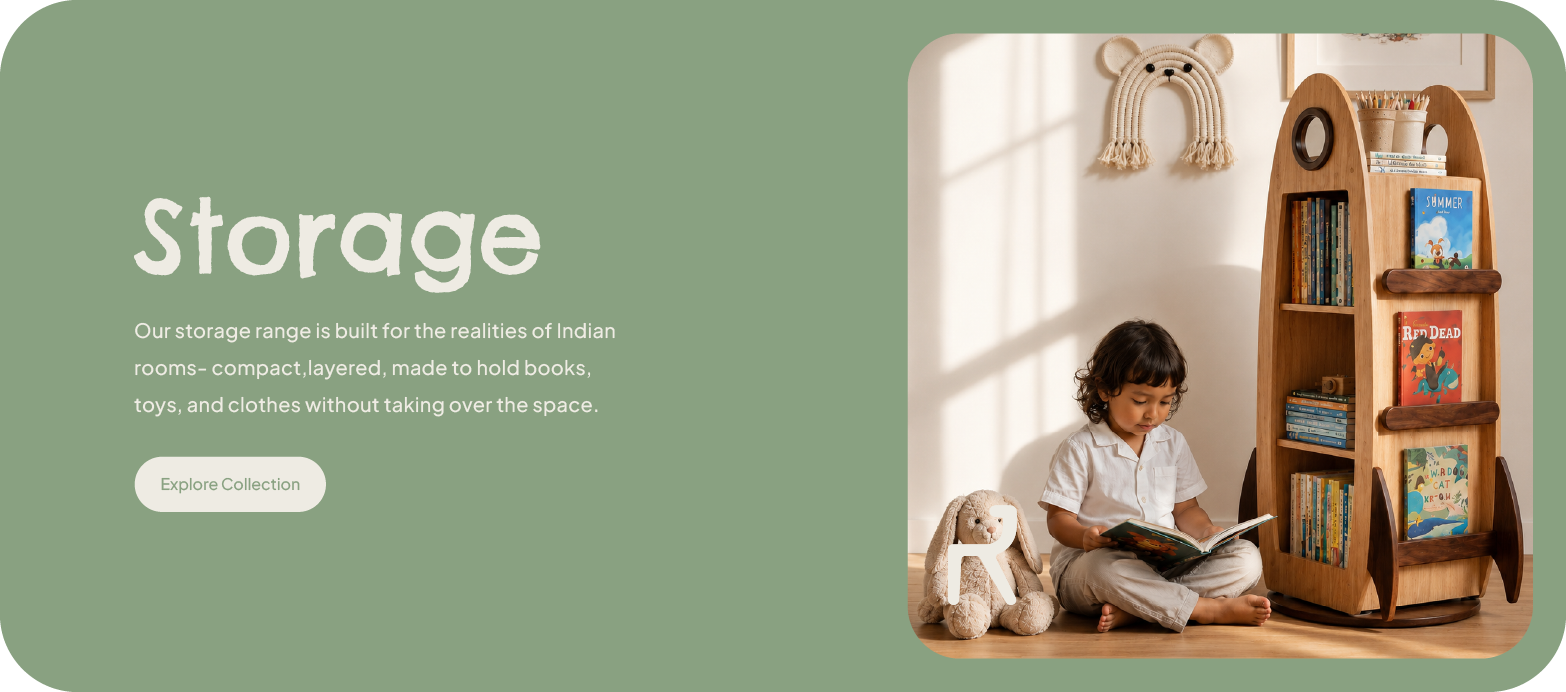 A wooden book and toy storage shelf with a child sitting on the floor reading beside it, shown in a styled interior scene. The left side has a sage green panel with the word 'Storage' and descriptive text.