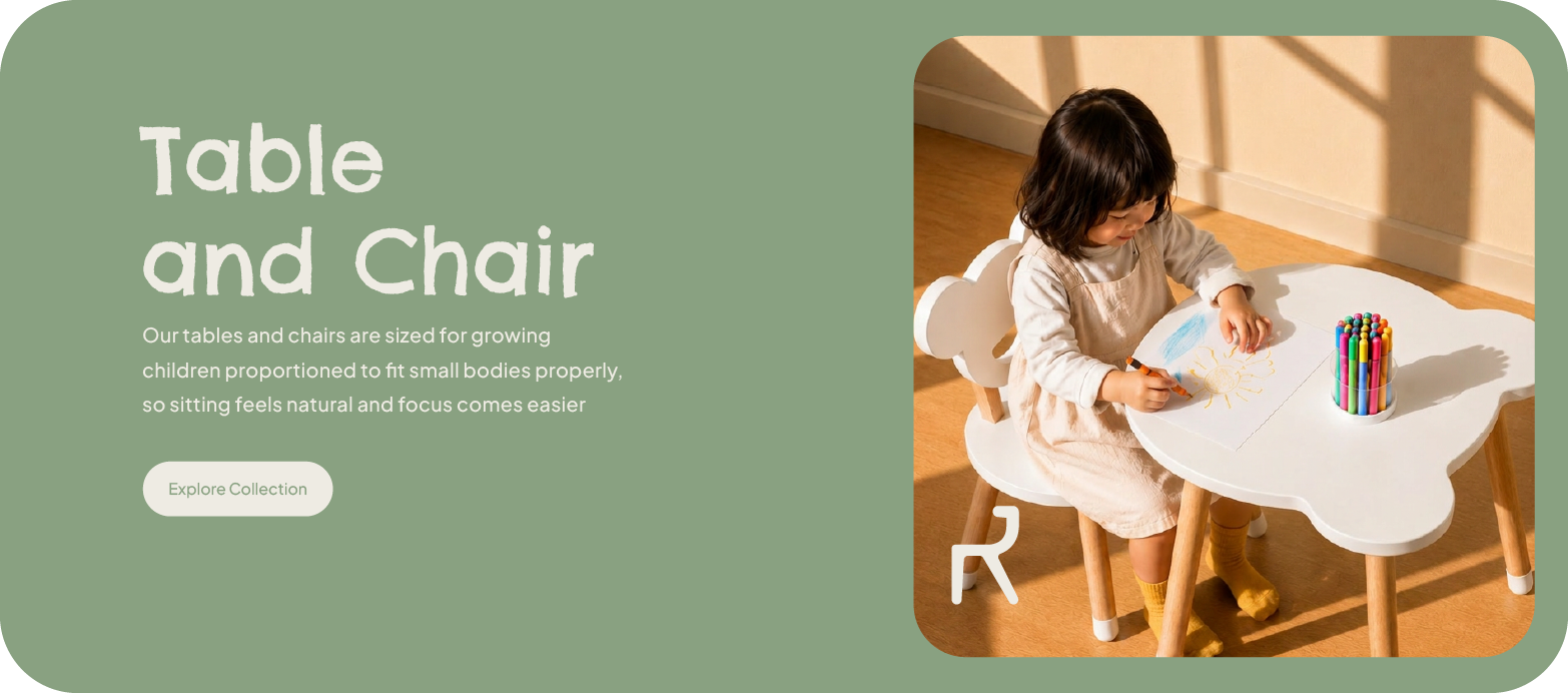 A promotional graphic for a children's table and chair set, featuring a child sitting at a white cloud-shaped table on the right, and text on the left describing the furniture set against a sage green background.