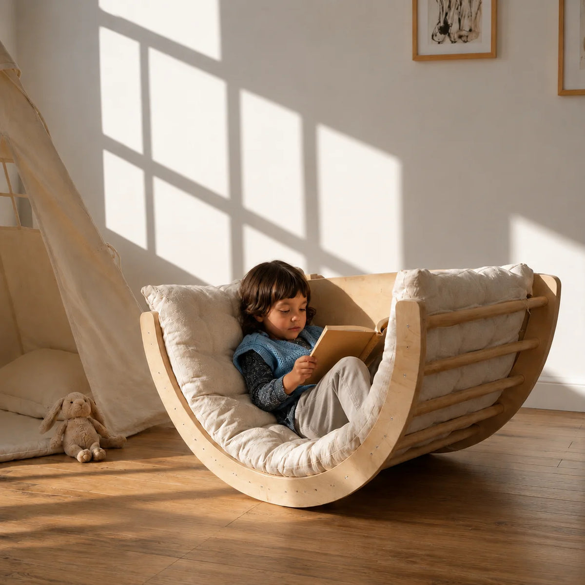 A beautifully designed curved lounge chair created to bring comfort, movement, and warmth into your child’s space.