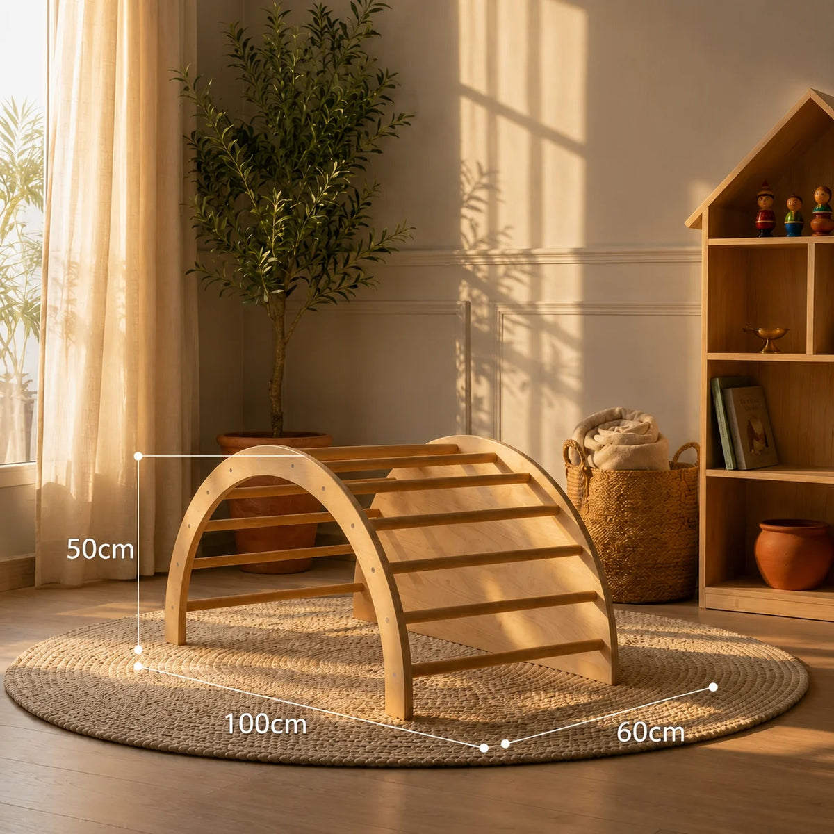 A wooden arched play structure or bench with measurement overlays showing 100cm width, 60cm depth, and 50cm height, placed on a round woven rug in a sunlit room.