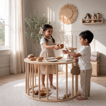 Two children playing with a round wooden toy table set in a bright, sunlit nursery. The table is styled with wooden toy breads, plates, and a small purse, and is surrounded by a woven rug and a potted olive tree.