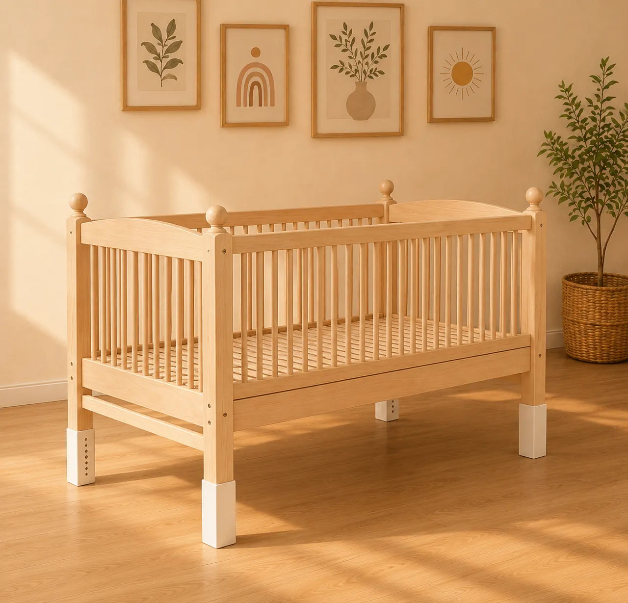 A light natural wood convertible crib bed with white protective leg caps, shown in a warm, sunlit nursery setting with framed wall art and a potted plant.