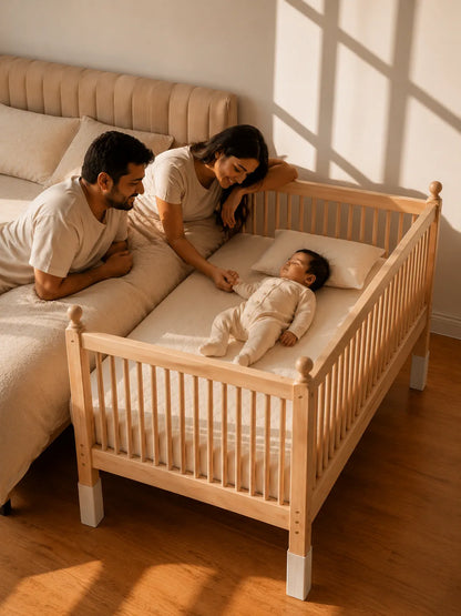 A wooden toddler bed with guard rails is styled in a bedroom with a wooden floor, featuring a man and woman lying on the bed alongside a baby lying on the mattress.