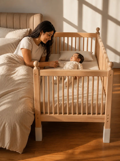 A wooden toddler bed with safety rails is styled in a warm, sunlit bedroom. A woman lies on the bed next to the toddler, who is lying inside the bed.