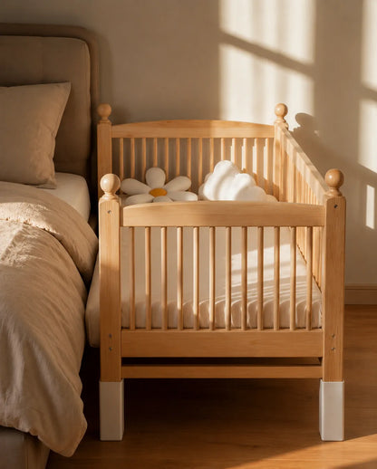 A light natural wood baby crib with white painted legs, styled next to a bed in a warm, sunlit nursery.