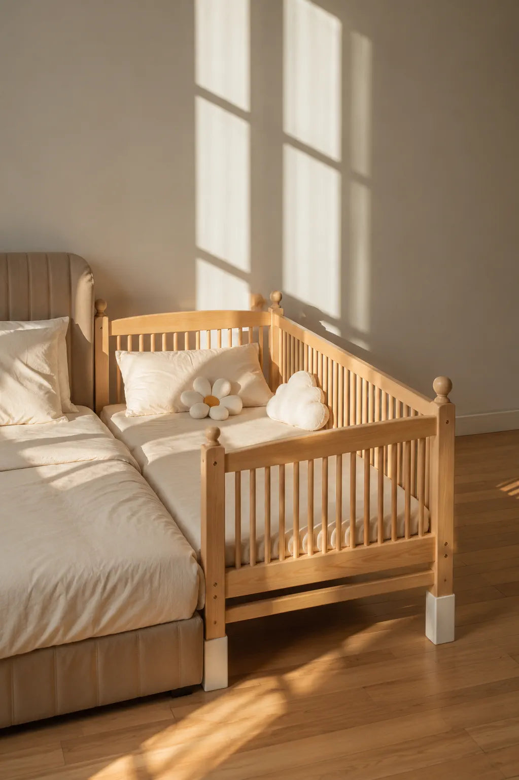 A light natural wood toddler bed with safety rails, styled next to a larger bed in a sunlit bedroom with warm sunlight streaming through a window.