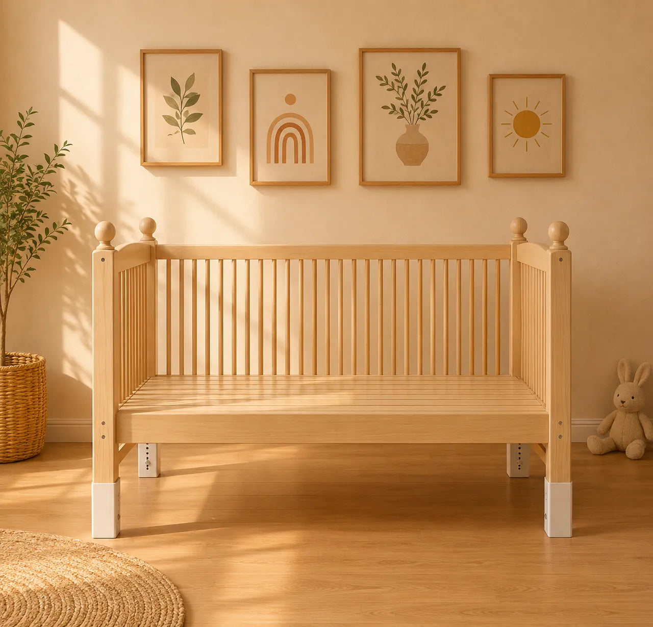 A light natural wood baby crib with white-painted legs, styled in a warm, sunlit nursery with framed wall art, a potted plant, and a plush bunny.