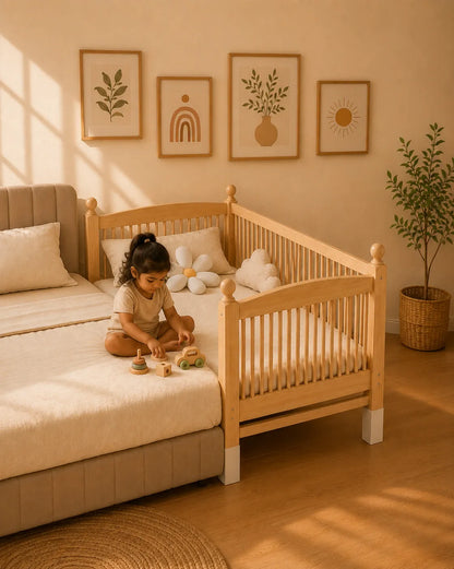 A child sits on a light wood toddler bed with a matching crib attachment in a warm, sunlit nursery. The room features beige walls, framed botanical and geometric wall art, a potted plant, and a woven rug.