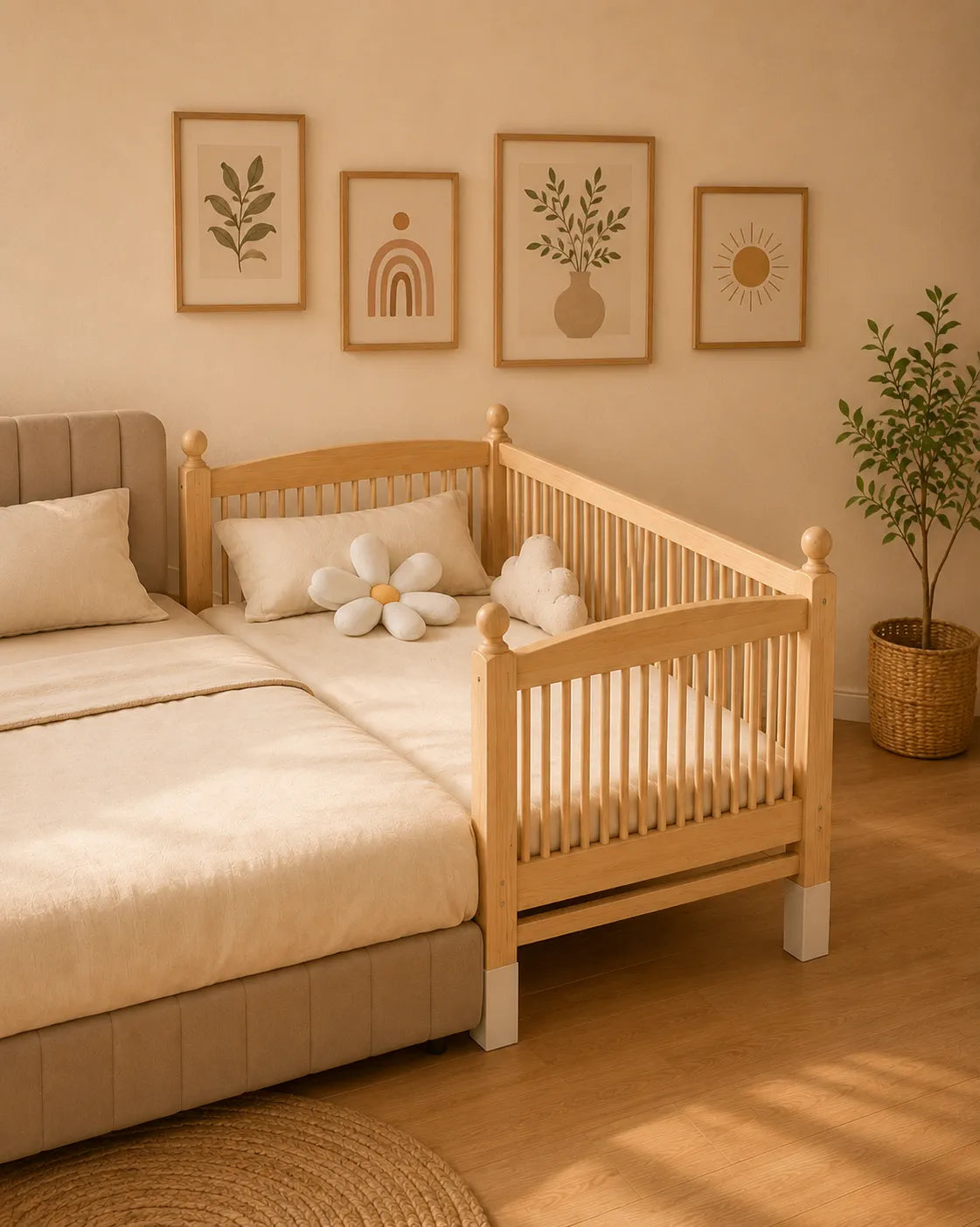 A light natural wood twin bed with a matching crib rail in a warm, neutral-toned bedroom. The bed is dressed in cream bedding with a white flower-shaped pillow, set against a beige wall with four framed botanical prints and a potted plant.