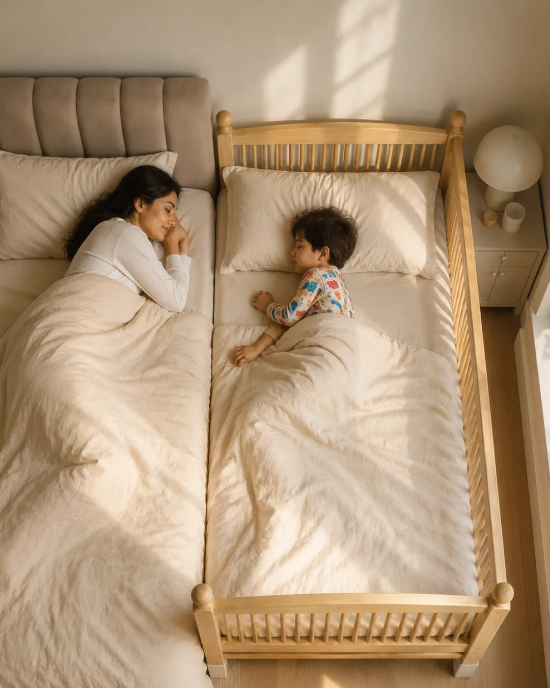 A woman and a young child rest under cream bedding in two adjacent beds, one full-size bed and one wooden toddler bed, in a softly lit bedroom.