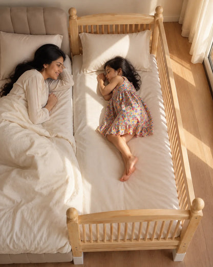 A mother and daughter sleep on a twin bed with a wooden toddler bed frame, photographed from a high-angle view in a sunlit bedroom.