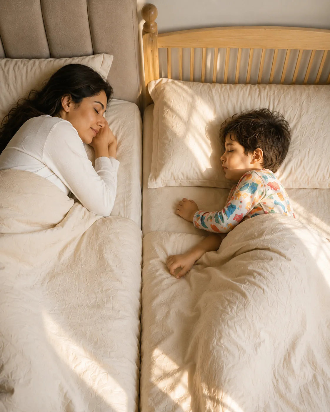 A woman and a young child sleep side by side in separate beds with matching cream bedding, lit by warm natural sunlight.