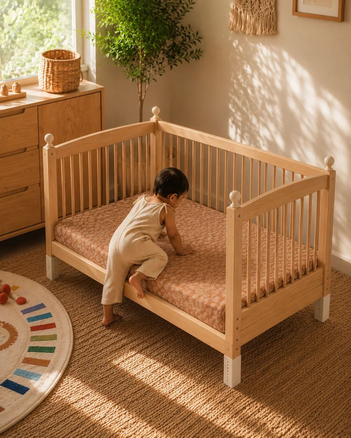 A baby in a cream outfit crawls on a patterned mattress inside a light natural wood toddler bed with white feet, set in a warm, sunlit nursery.