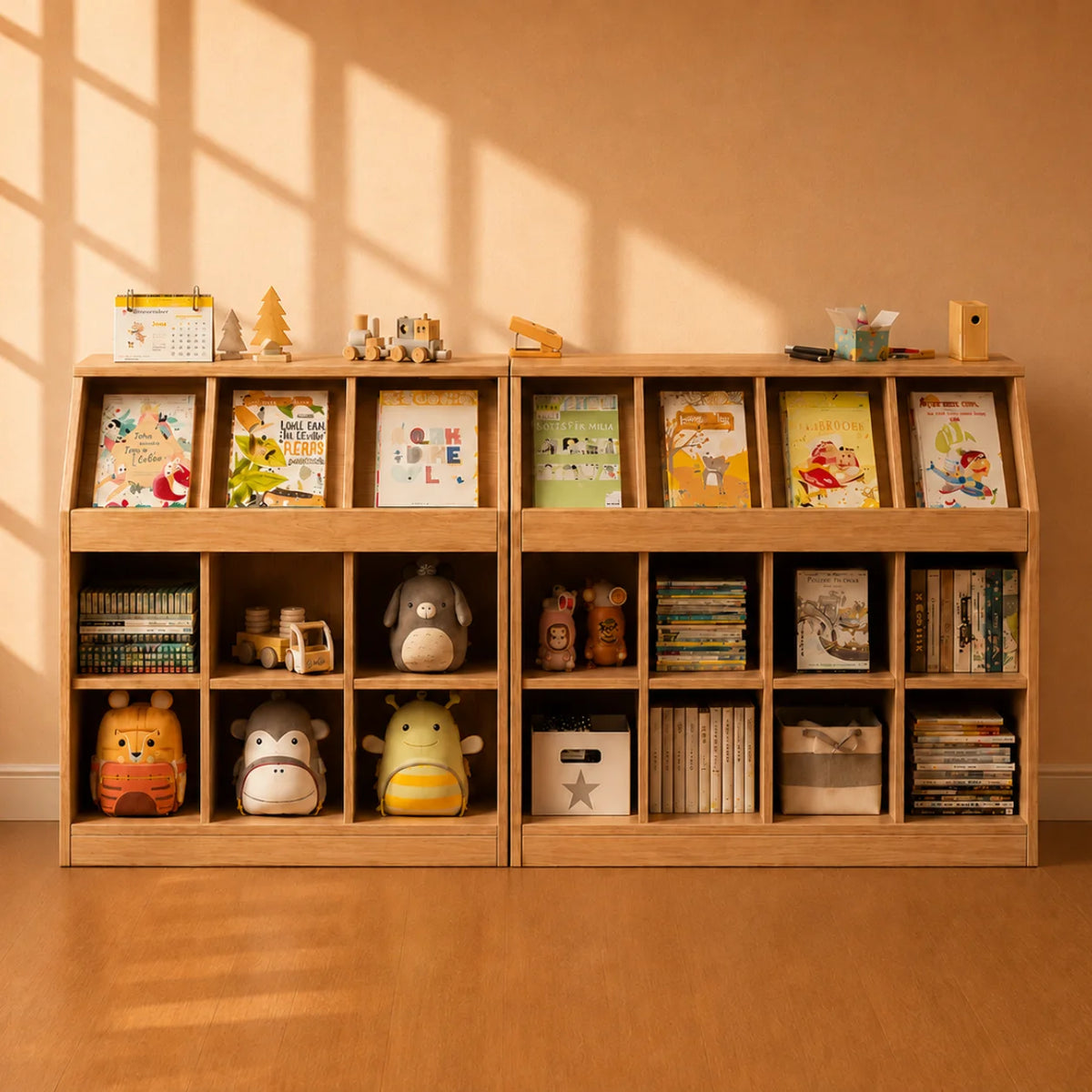 A light natural wood children's bookshelf with multiple cubbies, styled with books, plush toys, and small decorative items, set against a warm beige wall with soft window-shadow lighting.