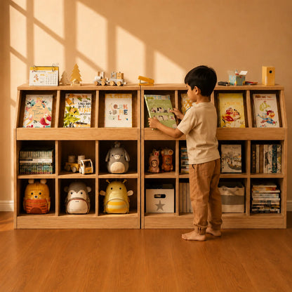 A young child stands barefoot in front of a wooden bookshelf filled with books and toys in a warm, sunlit room.