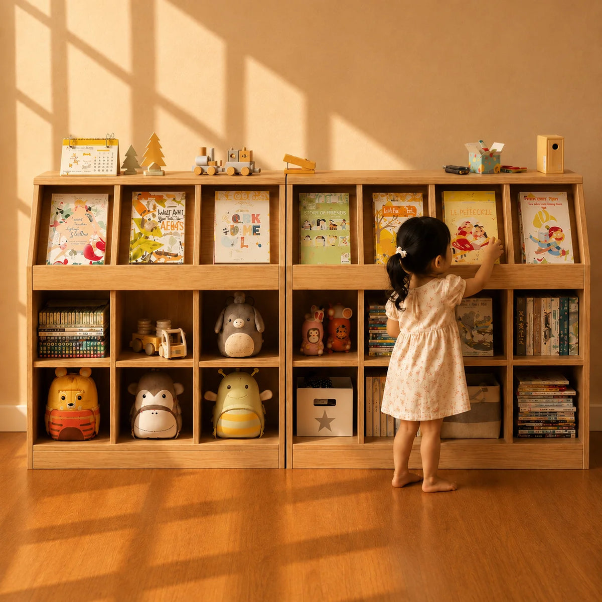 A young child in a light pink dress stands in front of a wooden toy and book storage shelf in a warm, sunlit room. The shelf contains colorful children's books, plush toys, and small decorative items.