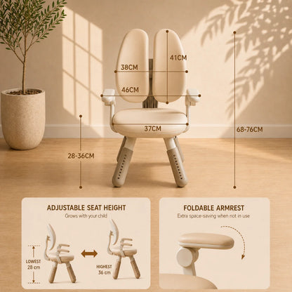 An ergonomic child's study chair shown with dimension callouts and feature callouts on a warm beige wall and wood floor. The image includes measurements for seat height, back panel dimensions, and foldable armrest, with inset panels explaining adjustability and armrest folding.