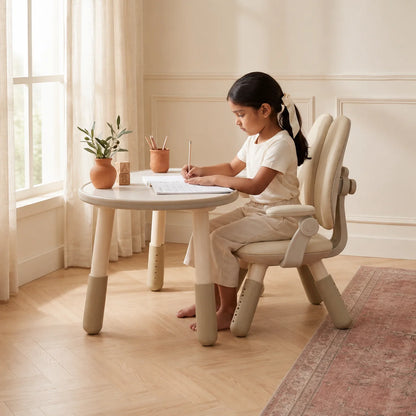 A young girl sits barefoot at a small round writing desk, using a cream-colored ergonomic chair with a matching cushioned backrest in a bright, neutral-toned room.