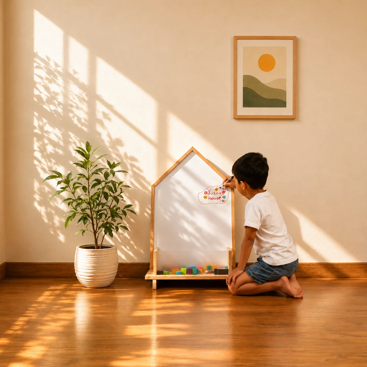 A young boy kneels on a wooden floor next to a house-shaped magnetic whiteboard activity board, writing on it with a sticker. The scene is set in a warm, sunlit room with a potted snake plant and framed wall art in the background.