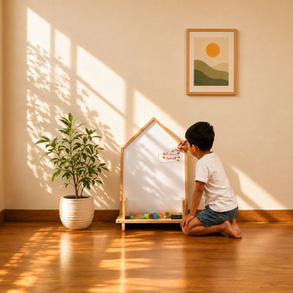 A young boy kneels on a wooden floor next to a house-shaped magnetic whiteboard activity board, writing on it with a sticker. The scene is set in a warm, sunlit room with a potted snake plant and framed wall art in the background.