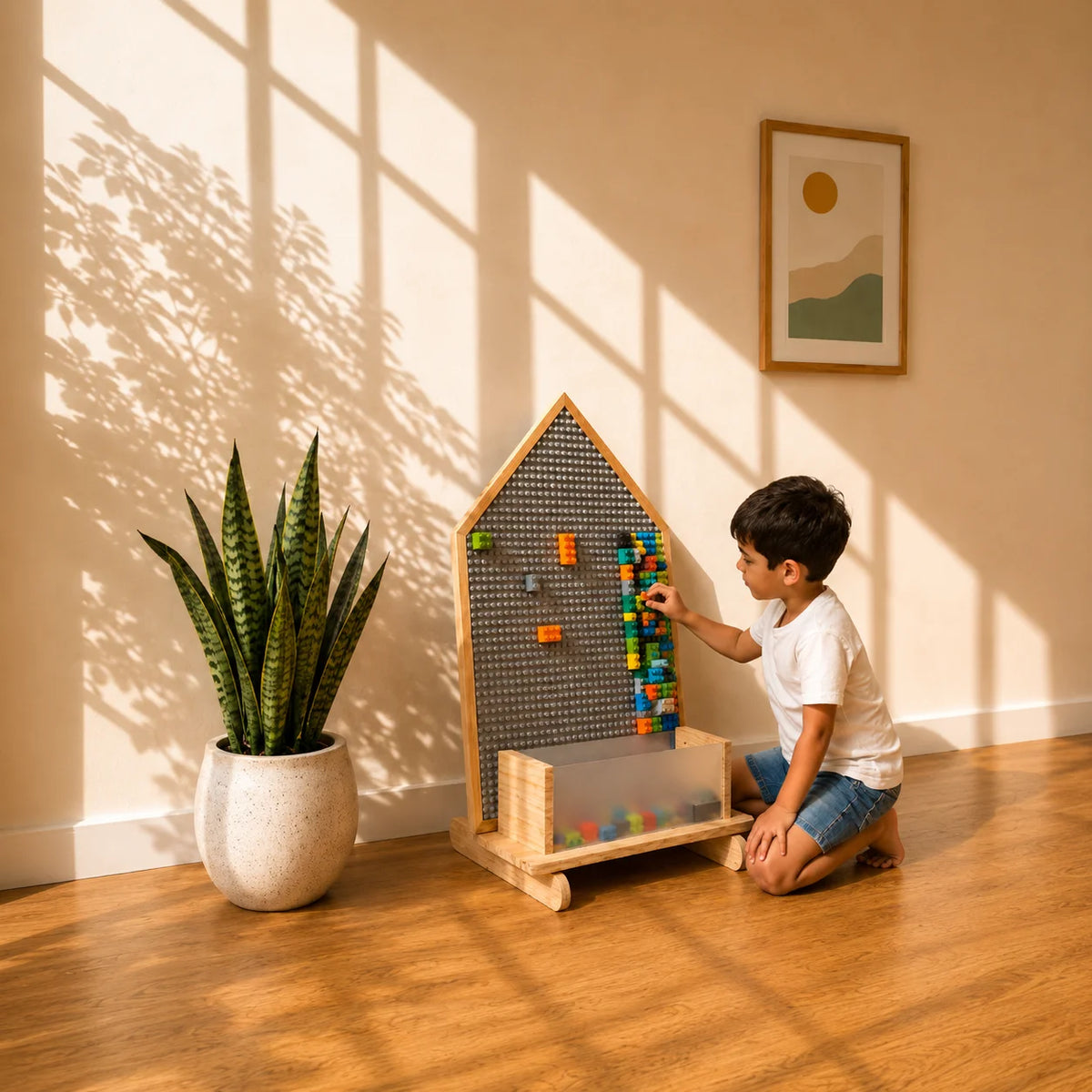 A young boy kneels on a wooden floor next to a house-shaped magnetic bead board toy, interacting with colorful magnetic beads. The scene is set in a warm, sunlit room with a potted plant on the left and a framed botanical print on the wall.