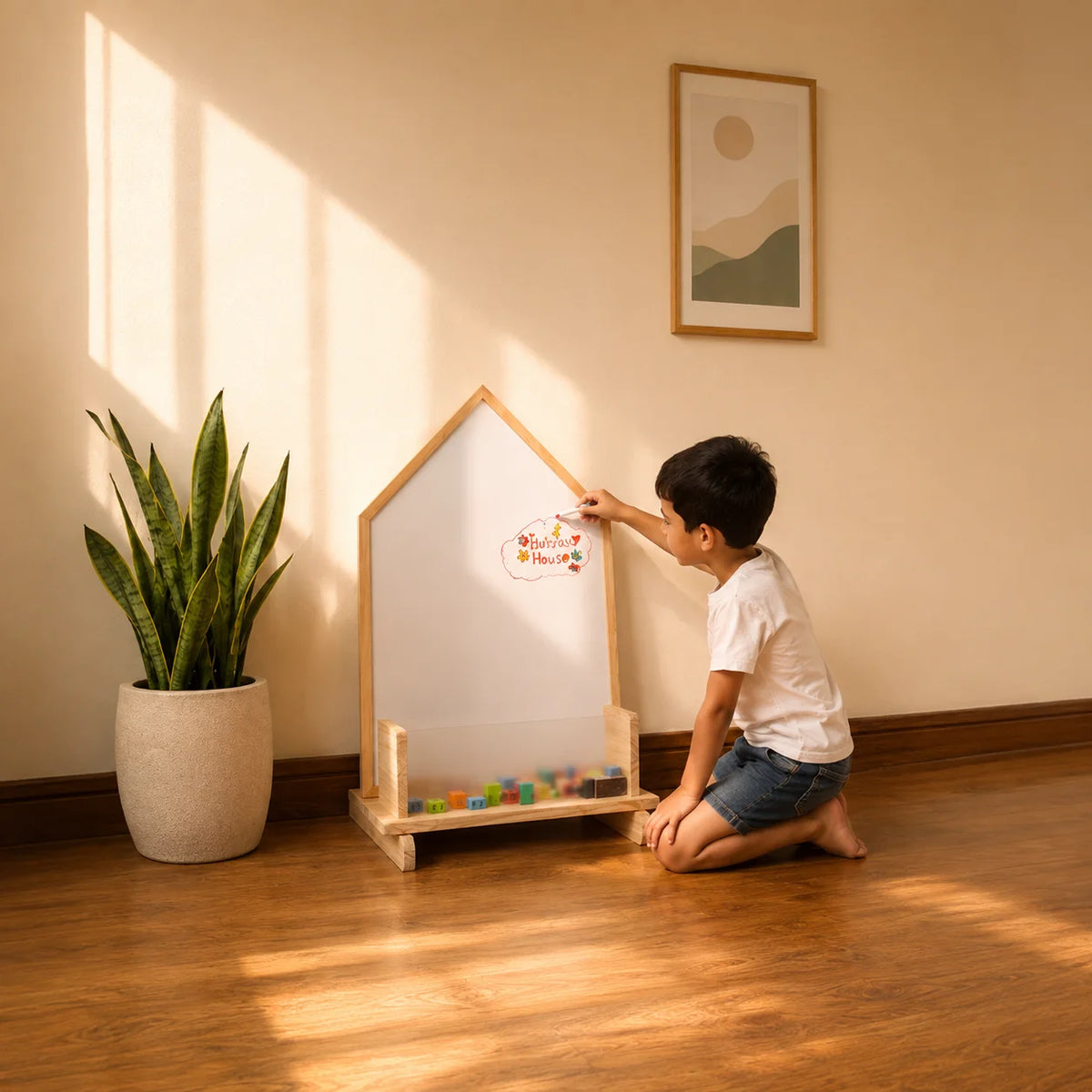 A child kneels beside a house-shaped magnetic building toy on a wooden floor in a sunlit room, placing colorful blocks onto the board. A potted snake plant and framed wall art are visible in the background.