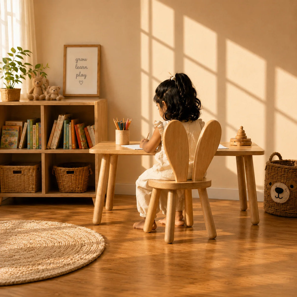 A light natural wood 9-compartment bookcase or storage organizer, shown against a warm beige wall with window shadow patterns and a wooden floor.
