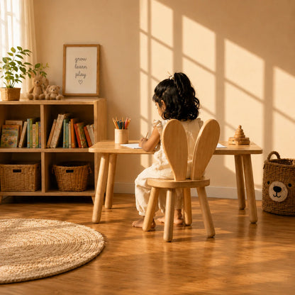 A light natural wood 9-compartment bookcase or storage organizer, shown against a warm beige wall with window shadow patterns and a wooden floor.