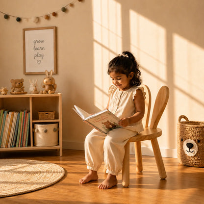 A light natural wood shoe organizer with a slanted top and multiple cubby compartments, shown in a warm, sunlit room with a wooden floor and beige wall.