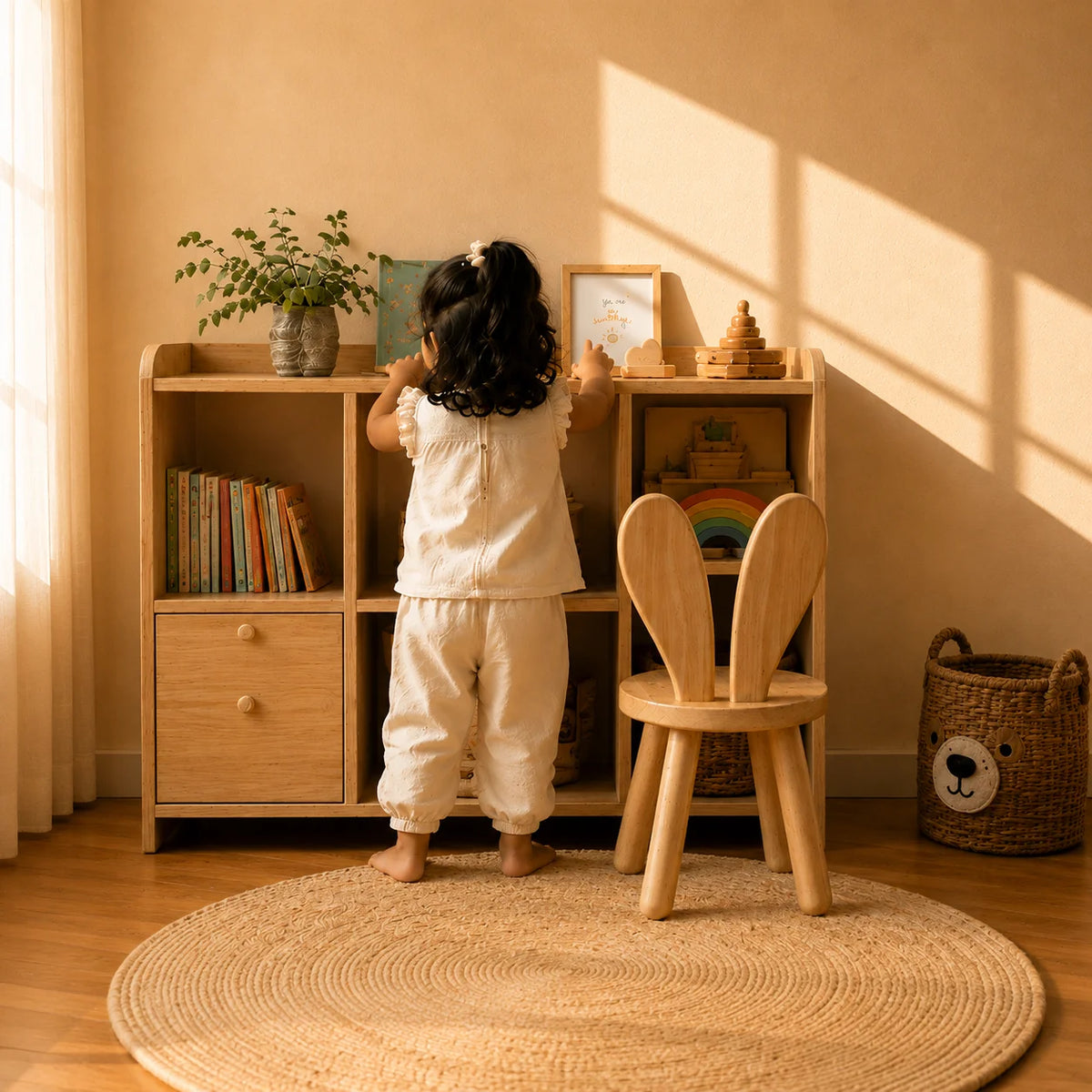 A young child in a light pink dress stands in front of a wooden toy and book storage shelf in a warm, sunlit room. The shelf contains colorful children's books, plush toys, and small decorative items.