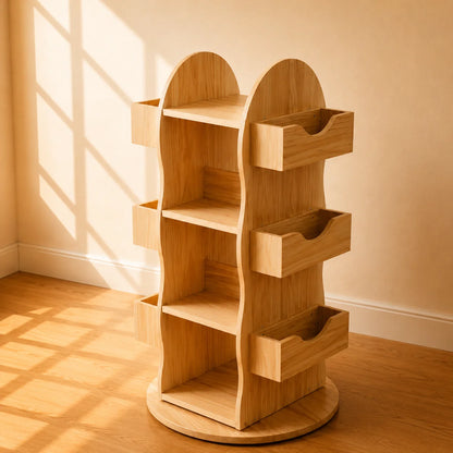 A light natural wood rotating bookshelf with four shelves and four pull-out storage drawers, shown in a warm, sunlit room with a beige wall and wooden floor.