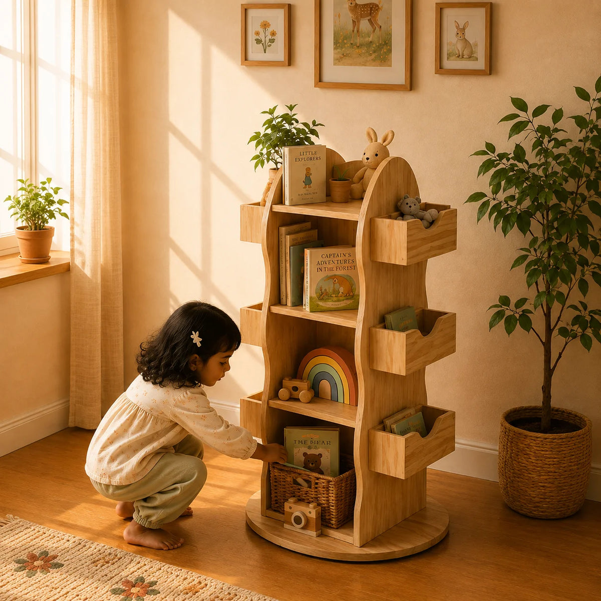 A young child crouches beside a tall, wavy wooden toy and book shelf in a warm, sunlit room with plants, framed wall art, and a patterned rug.