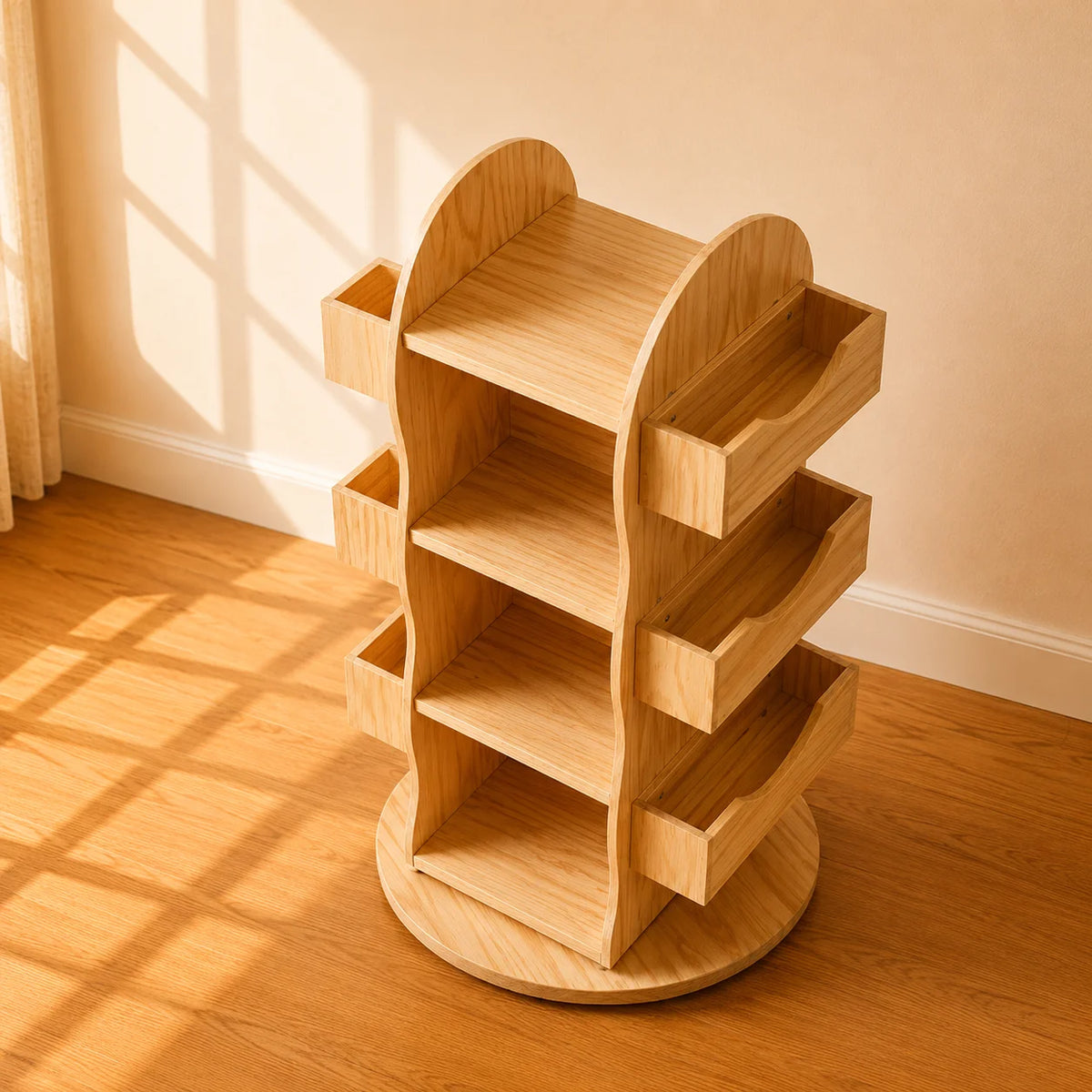 A light natural wood rotating shelf organizer with multiple tiers and side compartments, shown in a warm sunlit room with wood flooring and beige walls.