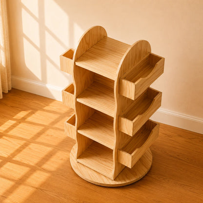 A light natural wood rotating shelf organizer with multiple tiers and side compartments, shown in a warm sunlit room with wood flooring and beige walls.