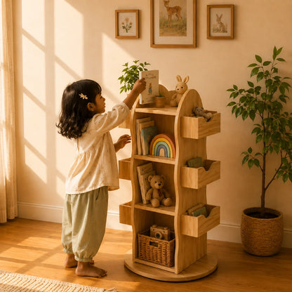 A young child stands barefoot beside a round wooden toy organizer shelf in a warm, sunlit nursery. The shelf holds books, a rainbow toy, stuffed animals, and baskets.