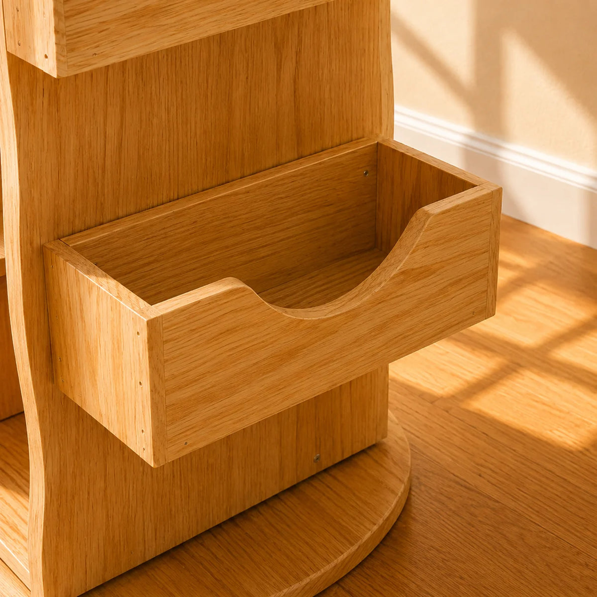 Close-up of a light oak wood storage unit with an open drawer, set on a wooden floor in a sunlit room.
