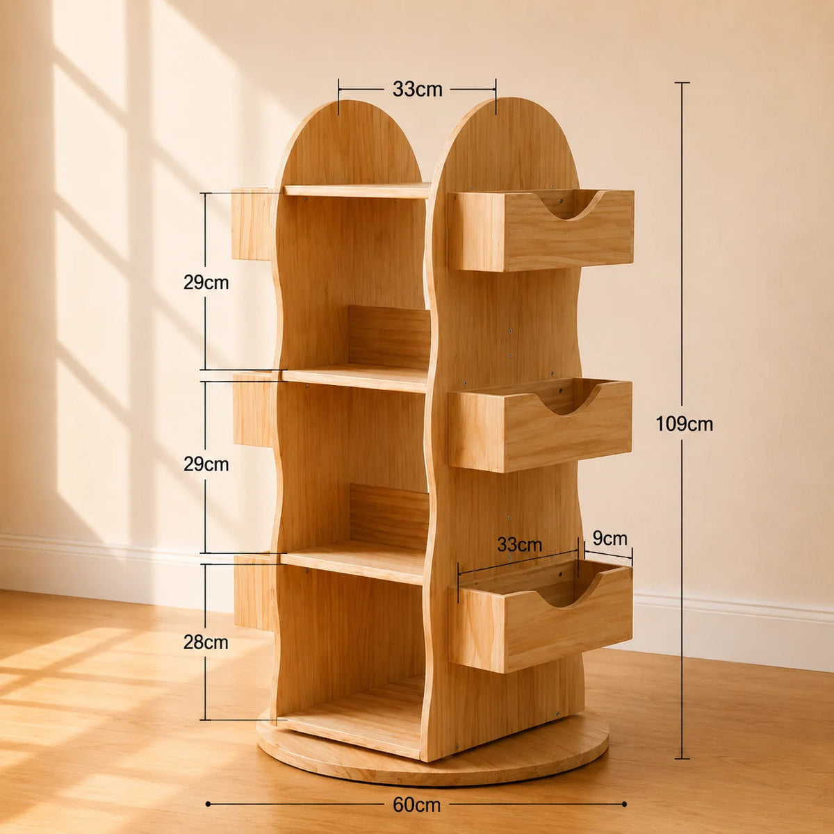 A wooden rotating bookshelf with integrated shelves and pull-out drawers, shown in a room setting with overlaid dimension lines and measurements.