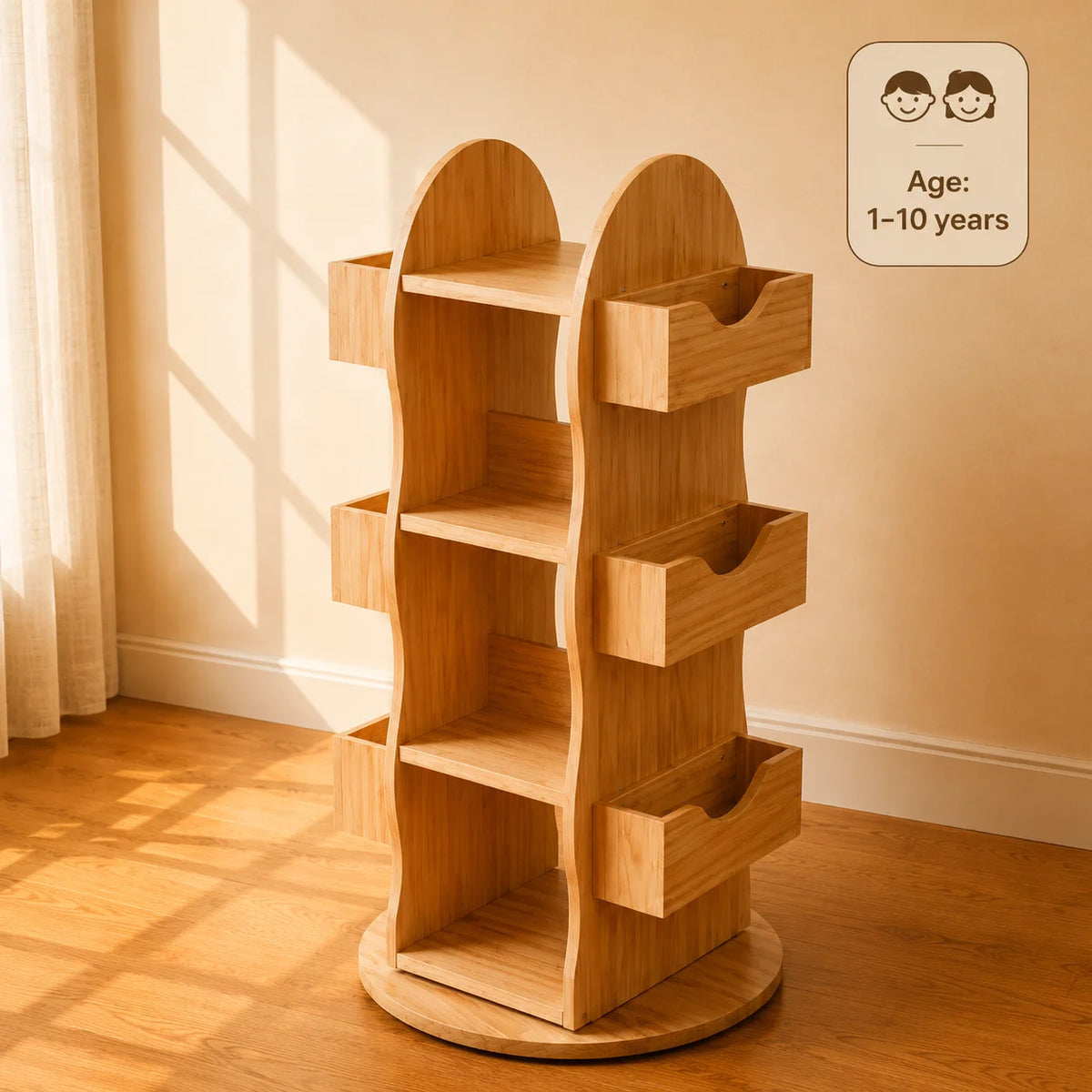 A light natural wood rotating storage shelf with five tiers and side cup holders, shown in a warm, sunlit room corner on a wooden floor. A small age icon graphic in the top right reads 'Age: 1-10 years'.