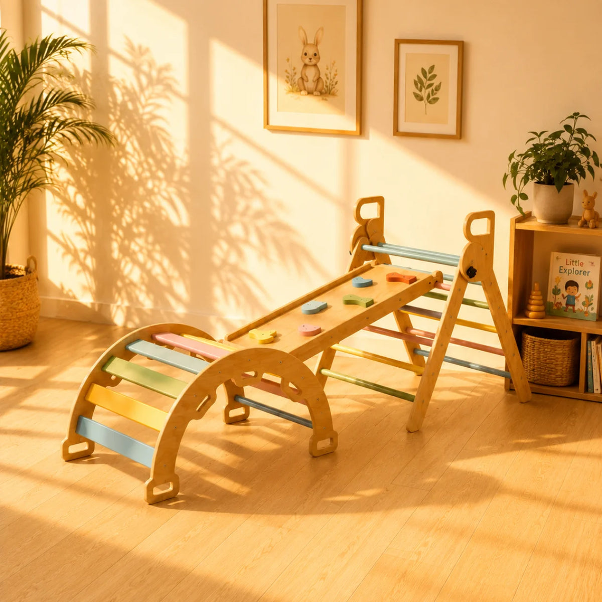 A wooden toddler climbing play structure with colorful rainbow steps and bars, set in a warm, sunlit children's room with a wooden floor, potted plants, and framed wall art.