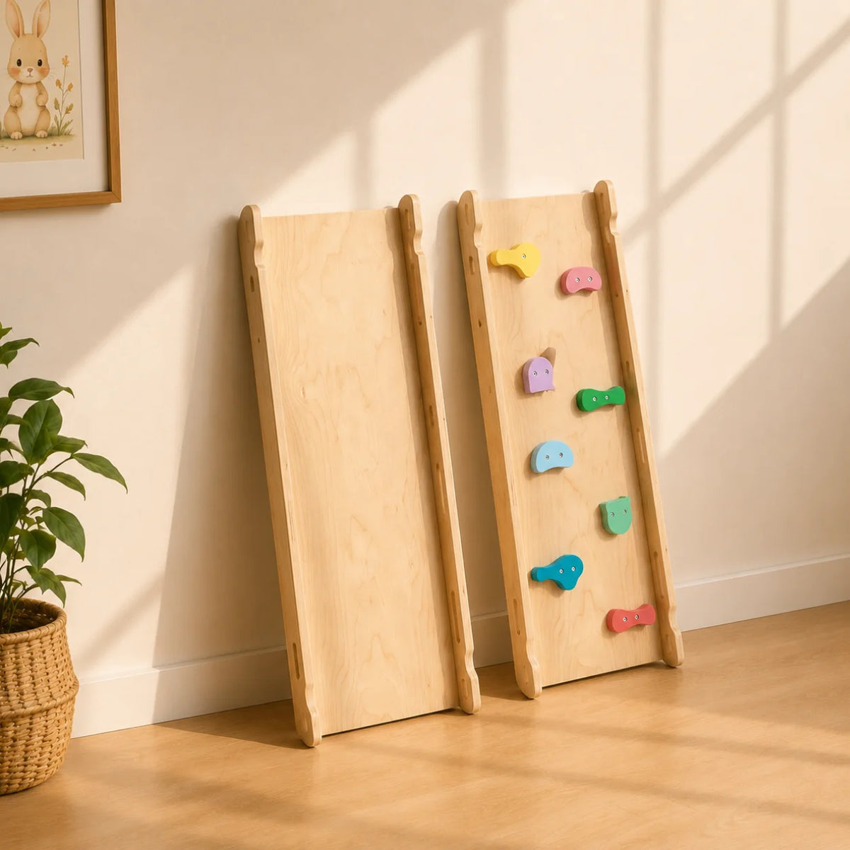 Two light natural wood climbing boards leaning against a cream wall on a wood floor, with one board featuring colorful wooden climbing holds in yellow, pink, purple, blue, green, and red. A potted plant and framed artwork are visible at the side.