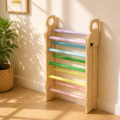 A wooden toddler climbing ladder with colorful horizontal bars, leaning against a beige wall in a sunlit room next to a potted plant.