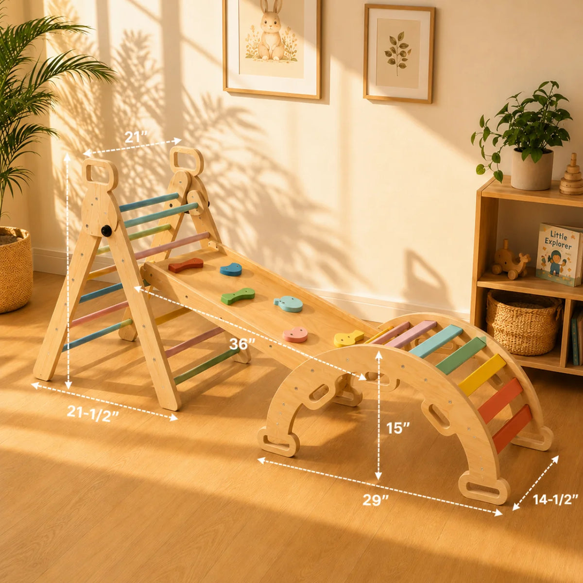 A wooden children's climbing and balance play structure in a sunlit room, with overlaid dimension lines and text showing measurements such as 29 inches, 14-1/2 inches, 15 inches, 36 inches, 21-1/2 inches, and 21 inches. No people or animals are present, but the real room setting makes this Lifestyle rather than Product/Packaging.