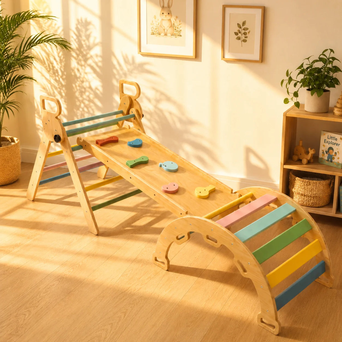 A wooden toddler climbing and balancing toy with colorful rainbow steps, a textured climbing slide, and hanging handles, shown in a warm, sunlit children's room.