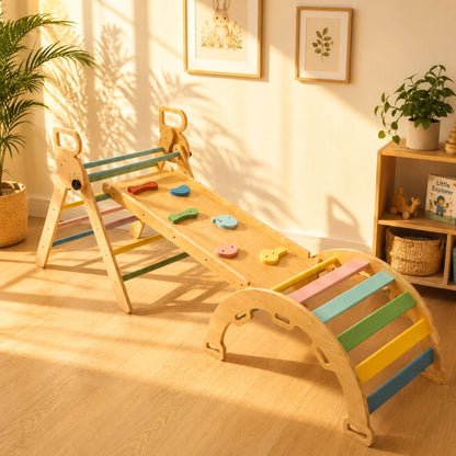 A wooden toddler climbing and balancing toy with colorful rainbow steps, a textured climbing slide, and hanging handles, shown in a warm, sunlit children's room.