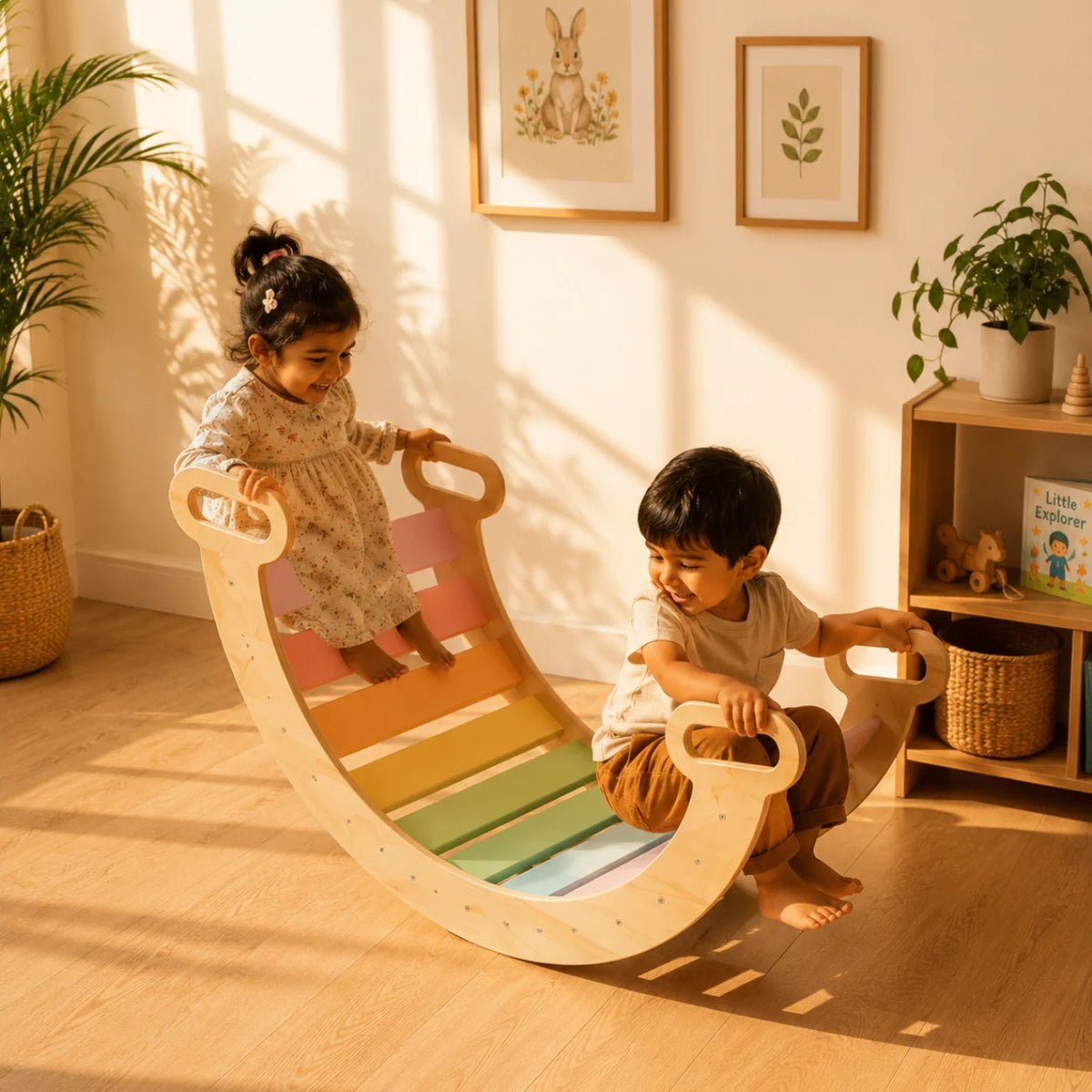 A wooden rocking play bench with colorful pastel slats is being used by two children in a sunlit nursery. The girl stands on the left side of the bench, and the boy crouches on the right, holding the handles.