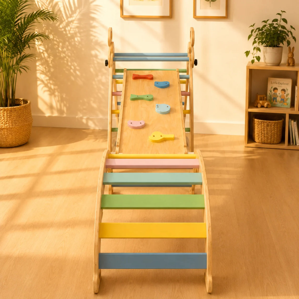 A wooden children's climbing frame with colorful painted steps and hand grips, photographed in a warm, sunlit room with a plant, framed art, and a small shelf in the background.